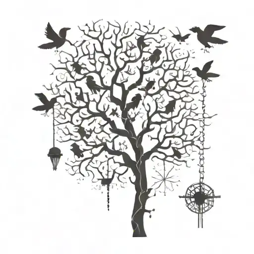 dark poison tree with sculls smiling with crows flying and spider webs  tattoo design idea