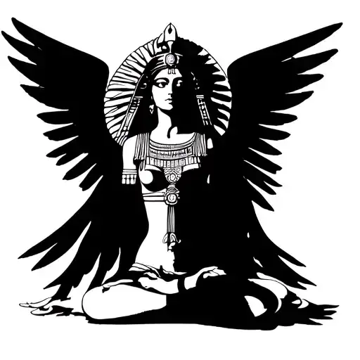 Goddess Isis with her back turned looking to the left with her wings spread and meditating tattoo design idea