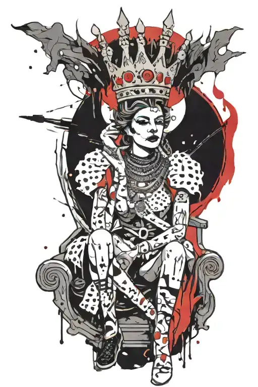 an exhausted queen with a large crown sitting on her throne, Fire in the sunrise, ashes raining down.  tattoo design idea