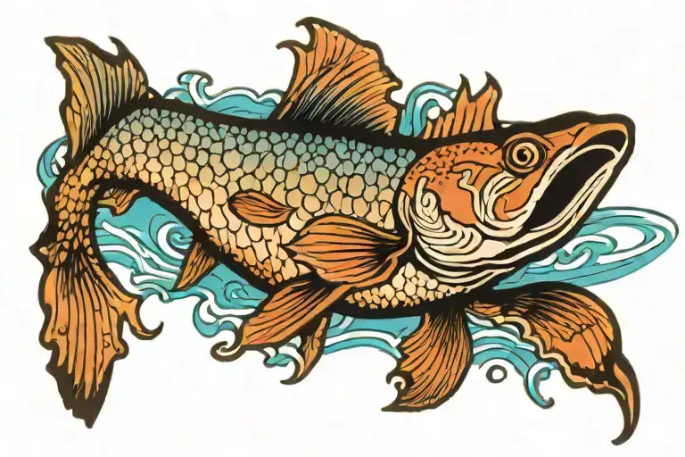 (accurately spelled text "III·IV·MCMLIII - I·XIV·MMXXIV"), graceful fish leaping from a vivid blue water surface, tattoo design idea