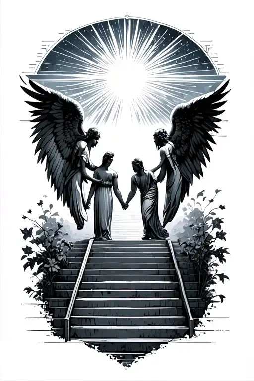 stairway to heaven walking up holding hands sun rays angels heaven gates at the top sleek modern design tattoo design idea
