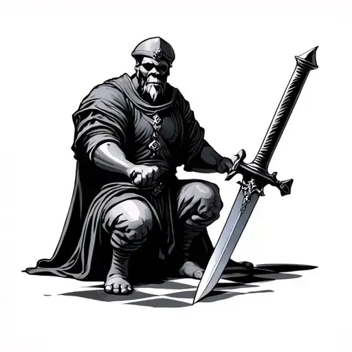 Anthropomorphic chess pawn kill anthropomorphic chess king with sword tattoo design idea