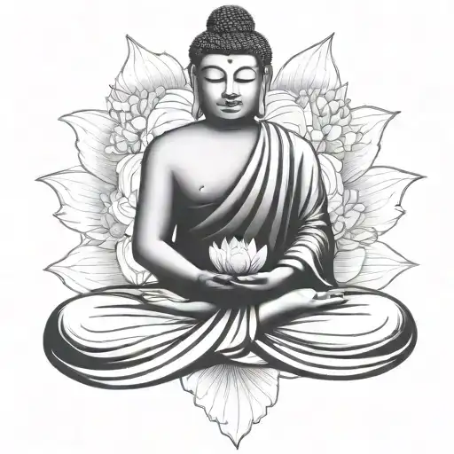 Buddha sitting cross legged pose holding lotus flower tattoo design idea