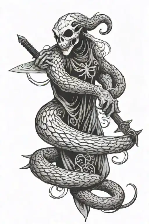 ghost with a sword and a snake tattoo design idea