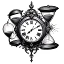 clock that swallows time with a hourglass tattoo design idea