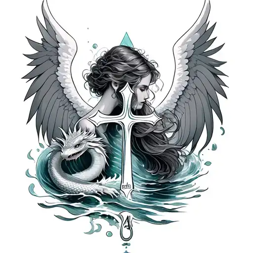 Angel number 444 Cross with  and water dragon   with a ocean vibe the fits  behind the ear feminine  tattoo design idea