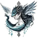 Angel number 444 Cross with  and water dragon   with a ocean vibe the fits  behind the ear feminine  tattoo design idea