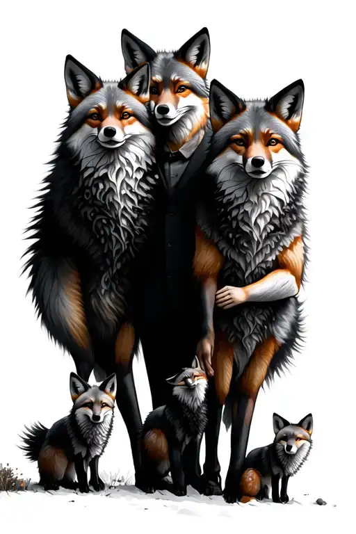 family of 4 with foxes in the mountains  tattoo design idea