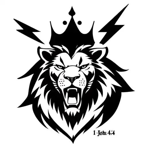 A small black-ink tattoo for the upper arm symbolizing inner strength and power. The design should feature a minimalist lion head or roaring lion with sharp clean lines, possibly combined with a lightning bolt or crown above it. Style should be simple but bold — something that radiates confidence and quiet strength without being too detailed. No shading, just clear black line work. Optional: subtly include the Bible verse reference “1 John 4:4” in small text beneath the image. tattoo design idea