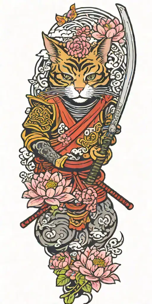 samurai cat holding katana, helmet, water, lotus, sakura, peony, clouds, whirlpool, leaves, branches tattoo design idea