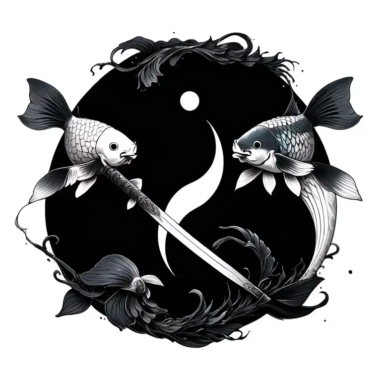 japanese sword surrounded by two koi fish yin yang tattoo design idea