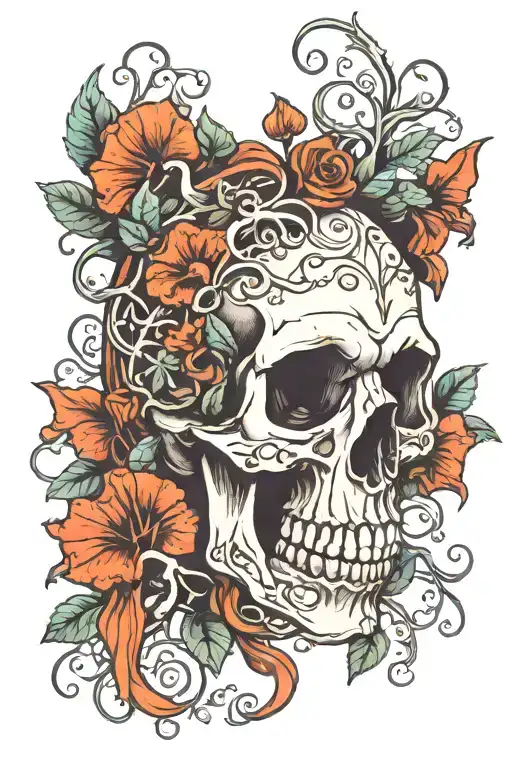 skull with vines and mushrooms growing tattoo design idea