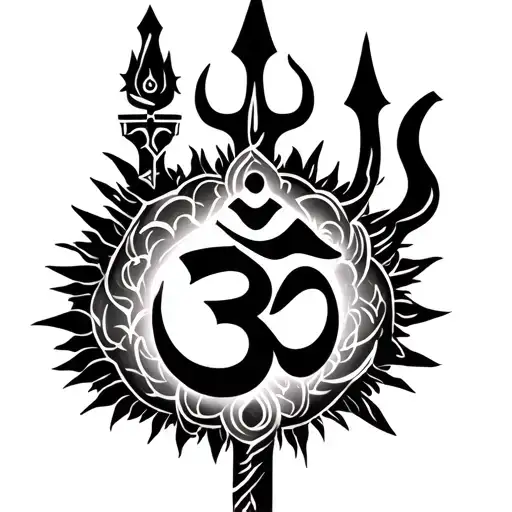Central Om with radiating elements: A central "Om" symbol can be surrounded by Shiva's trident (Trishul) and damaru (dru tattoo design idea