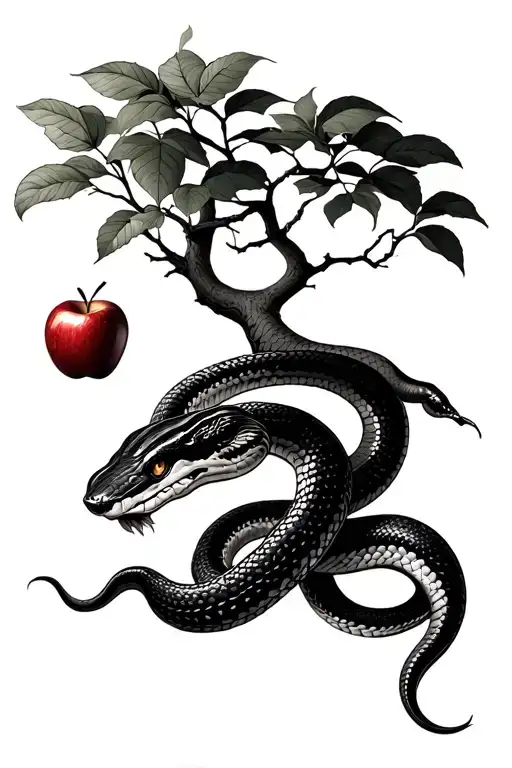 snake with tree and apple tattoo design idea