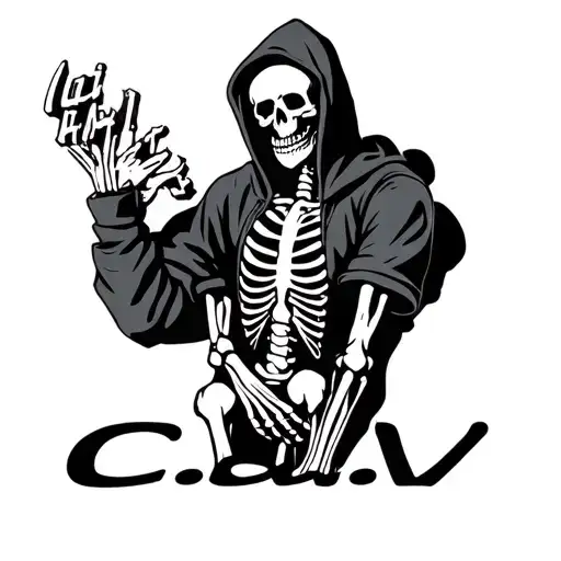"C.d.V" The skeleton stands sideways in a hoodie and a ski mask is pulled over his face. tattoo design idea
