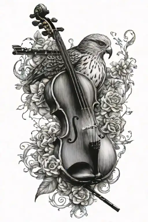 Violin and falcon perched tattoo design idea