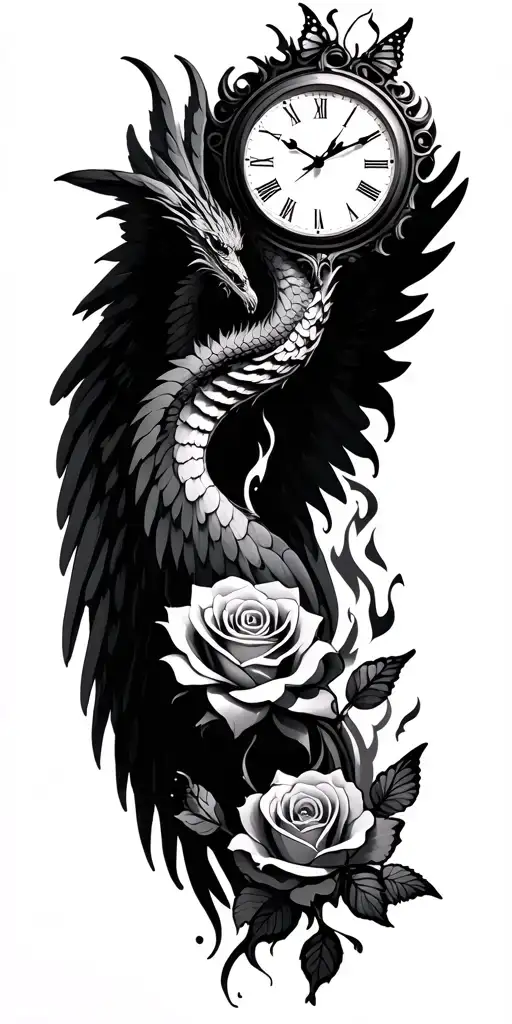 rose intertwined, angel wings, dragon breathing fire, butterfly, clock face tattoo design idea