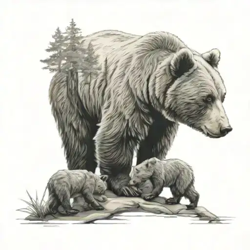 A mother bear caring for her cubs in a lush forest setting tattoo design idea