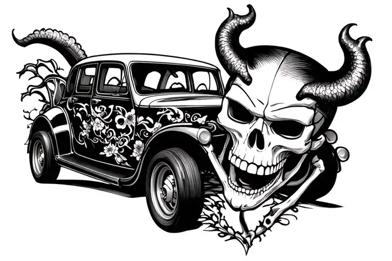 I want a tattoo of a skeleton modeled after the devil, with a Japanese mask on the devil's face, a half-Japanese car, ha tattoo design idea