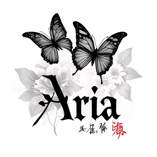 Chinese letters saying aria with butterfly under the word behind the ear tattoo design idea