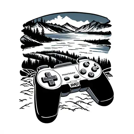 A blackwork tattoo of a retro video game controller with PNW scenery in the background tattoo design idea