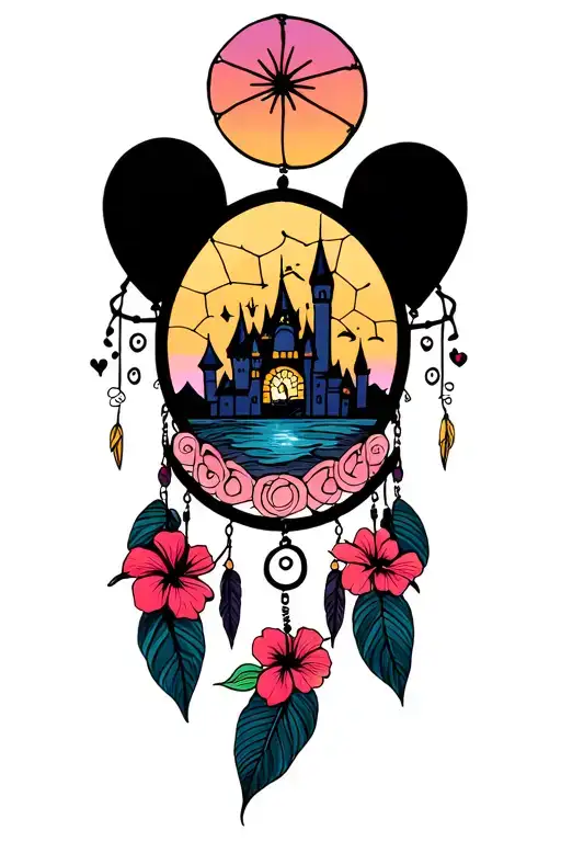 dreamcatcher with 2 round ears at the top.center has fairytale castle, right has balloons left has hibiscus flowers tattoo design idea