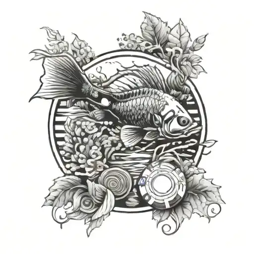 A poker chip with a fish design on it, surrounded by lush garden scenery tattoo design idea