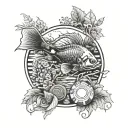 A poker chip with a fish design on it, surrounded by lush garden scenery tattoo design idea