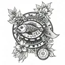 A poker chip with a fish design on it, surrounded by lush garden scenery tattoo design idea