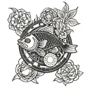 A poker chip with a fish design on it, surrounded by lush garden scenery tattoo design idea
