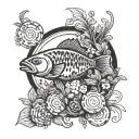 A poker chip with a fish design on it, surrounded by lush garden scenery tattoo design idea