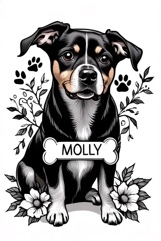 A dog with the name molly on it with flowers around it and vines, as well as a paw print and a dog bone tattoo design idea