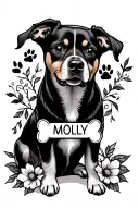 A dog with the name molly on it with flowers around it and vines, as well as a paw print and a dog bone tattoo design idea