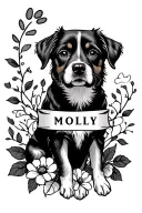 A dog with the name molly on it with flowers around it and vines, as well as a paw print and a dog bone tattoo design idea