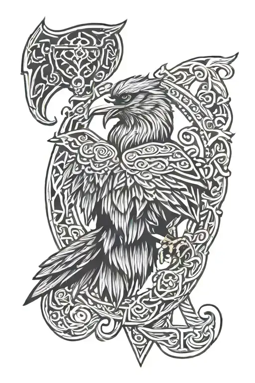 odin with two ravens Huginn and Muninn and an axe and fenrir with nordic runes with knot design  tattoo design idea