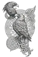 odin with two ravens Huginn and Muninn and an axe and fenrir with nordic runes with knot design  tattoo design idea
