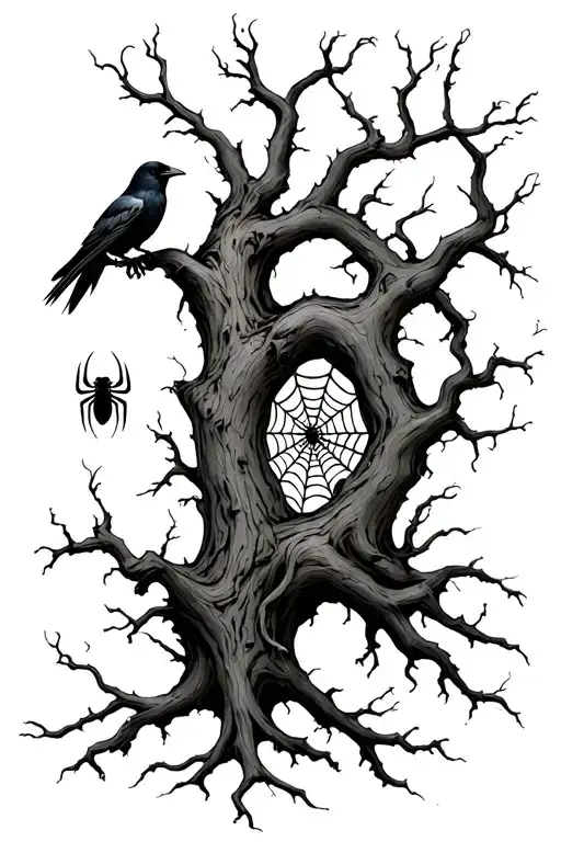 Thin dead Tree with vine around it and crow in it, spiders, spiderwebs tattoo design idea