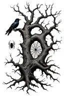 Thin dead Tree with vine around it and crow in it, spiders, spiderwebs tattoo design idea