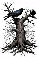 Thin dead Tree with vine around it and crow in it, spiders, spiderwebs tattoo design idea