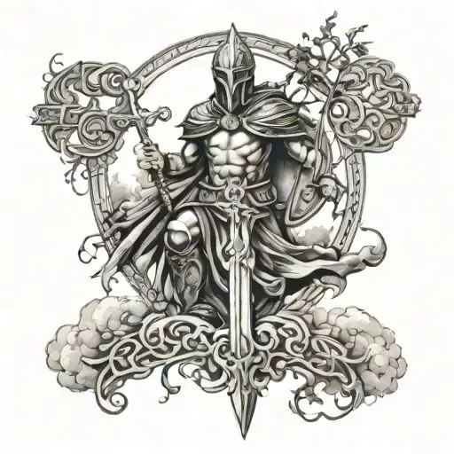 Christian cross fading into spartan warrior and tree of life add clouds tattoo design idea