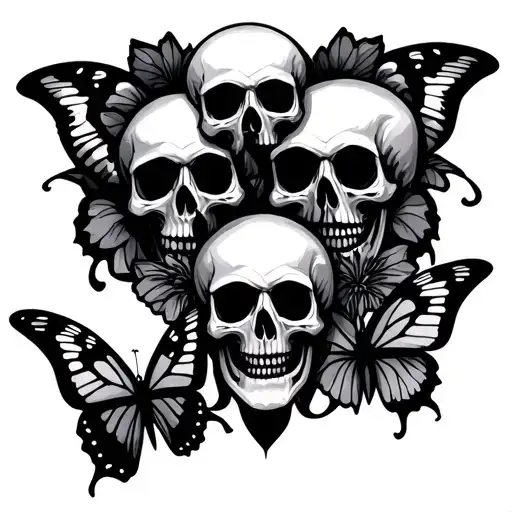 full stomach tattoo featuring skulls and butterfly's  tattoo design idea