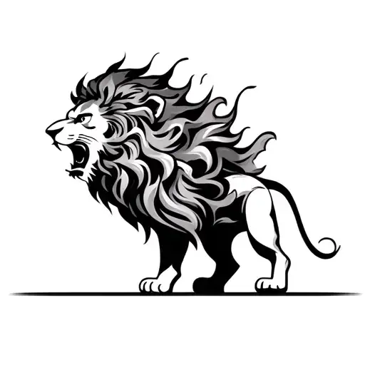 The tattoo design begins with a powerful, roaring lion at the forefront, its mane intertwined with intense flames that s tattoo design idea