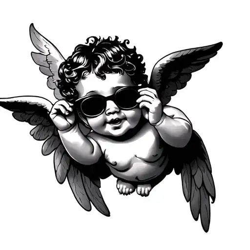 decadent cherub with cheeky smirk and pulling down sunglasses tattoo design idea
