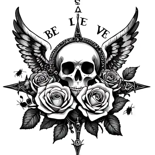 "BE LOVE " "BE LOVE " Incorporate a compass, roses, skull with wings anr lady bugs for late mother who passed tattoo design idea