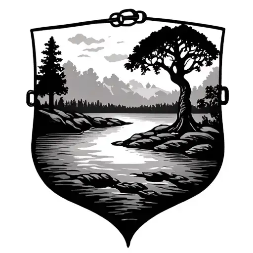 lee family crest with a river, linked chain, three parallel lines and an oak tree tattoo design idea