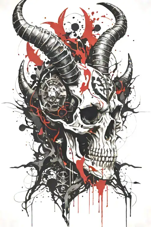 Capricorn goat skull with horns holding an female tattoo design idea