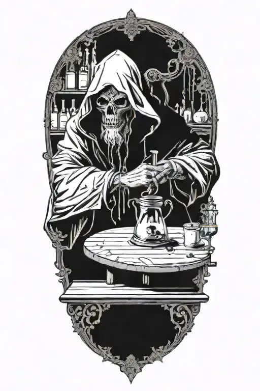 Hodded alchemist cultist, rituals on a table, twisted background tattoo design idea