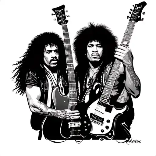 Dimebag Darrell, Joey Jordison, Cliff Burton and Jimi Hendrix with their instruments tattoo design idea