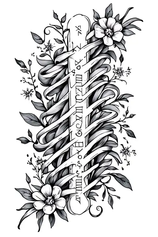 Dainty female sternum tattoo thin vertical line with skjaldmær written out in runes, and forget me nots winding through  tattoo design idea