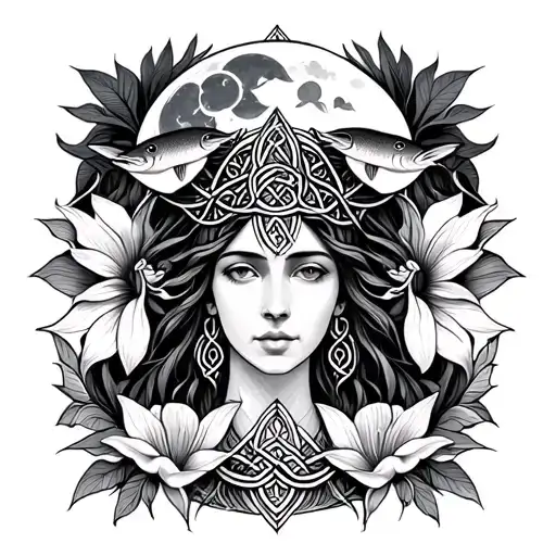 Celtic Goddess, Danu. Surrounded by Salmon, the moon and Moonflowers tattoo design idea